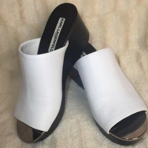 Karl Lagerfeld “Lyric” White Leather Wedge Slides